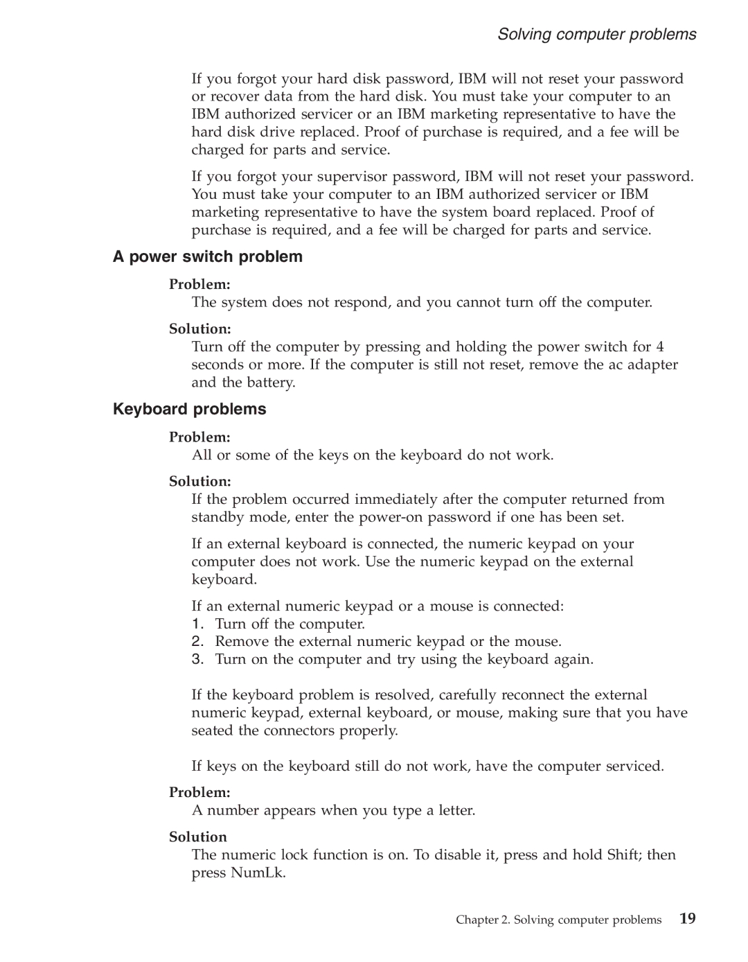 IBM R50series manual Power switch problem, Keyboard problems 