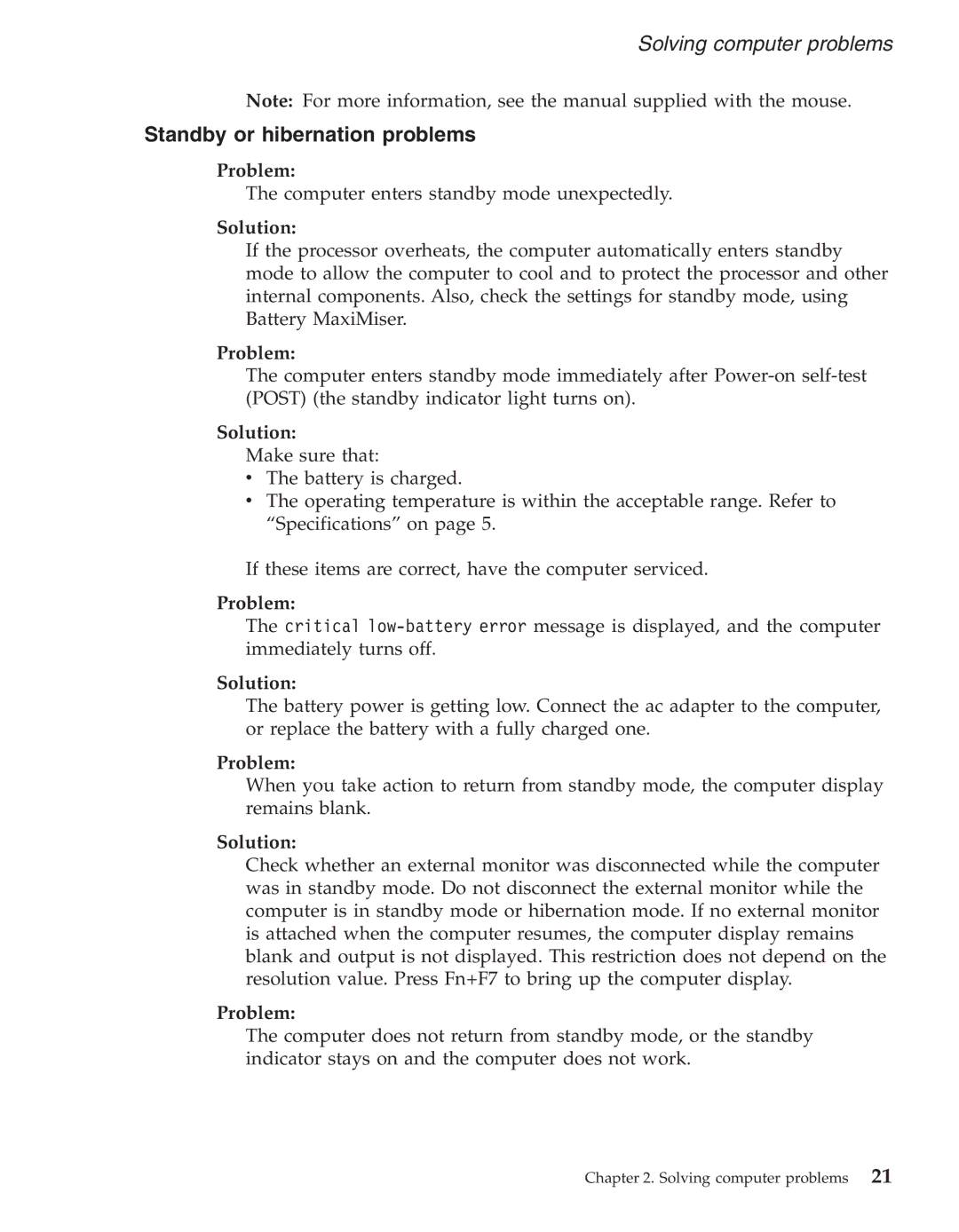 IBM R50series manual Standby or hibernation problems 