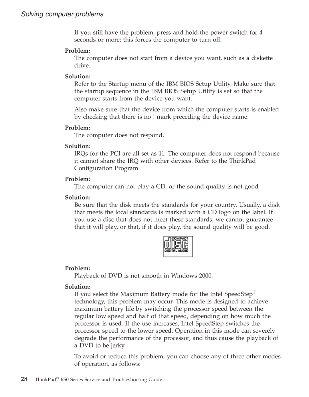 IBM R50series manual Computer does not respond 