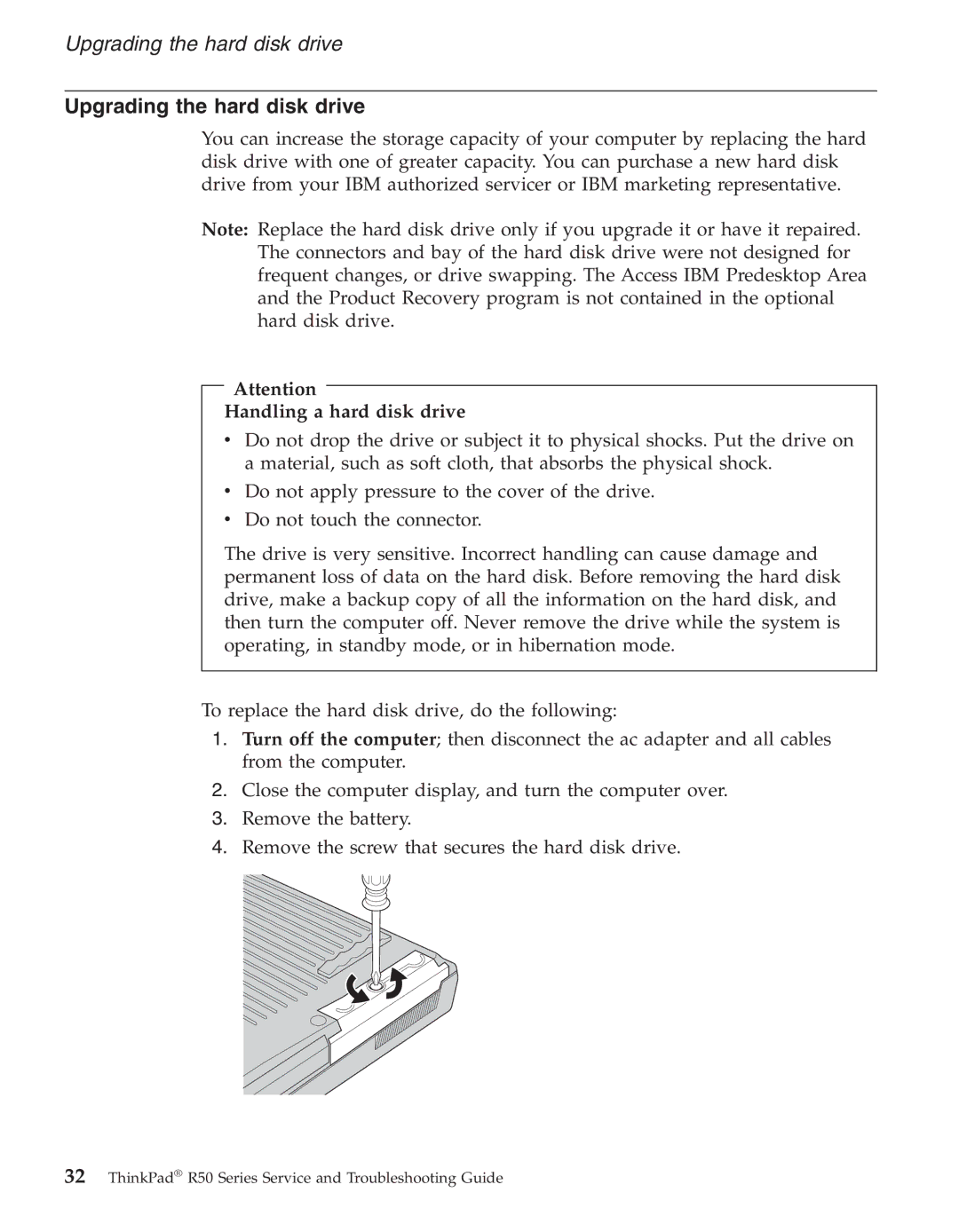 IBM R50series manual Upgrading the hard disk drive, Handling a hard disk drive 