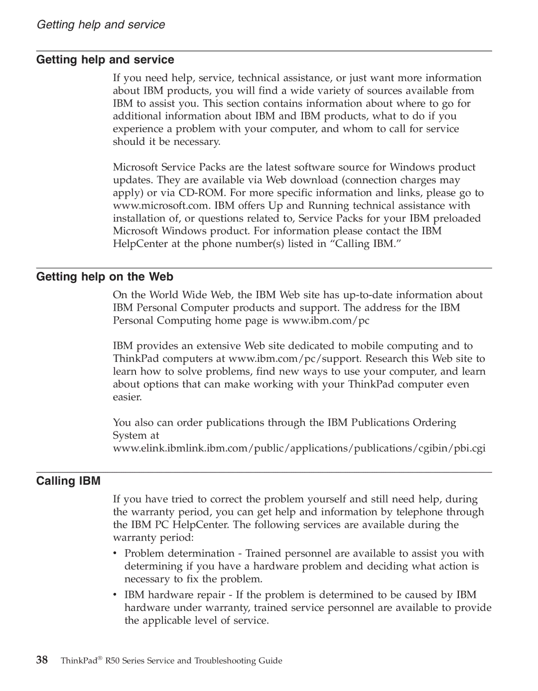 IBM R50series manual Getting help and service, Getting help on the Web Calling IBM 