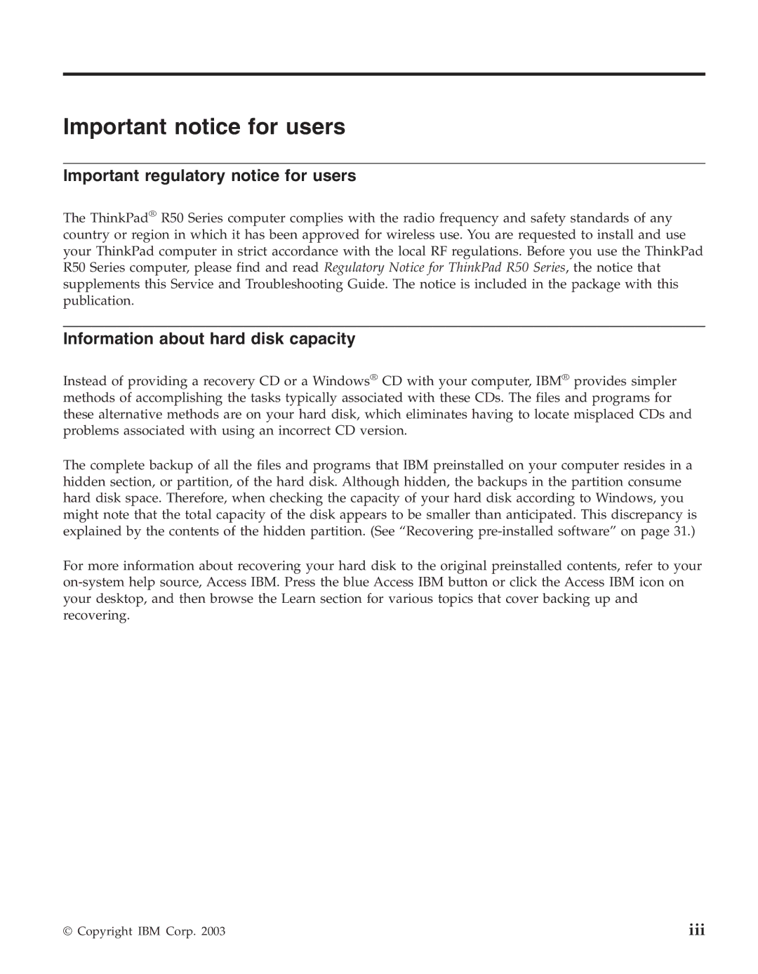 IBM R50series Important notice for users, Important regulatory notice for users, Information about hard disk capacity 