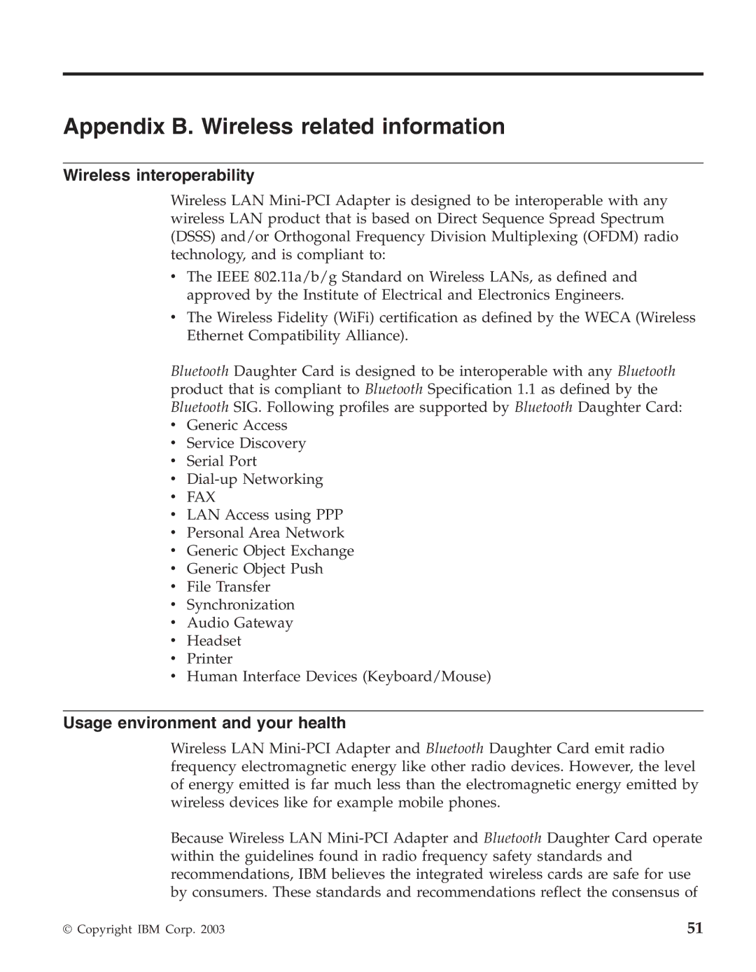 IBM R50series manual Appendix B. Wireless related information, Wireless interoperability, Usage environment and your health 