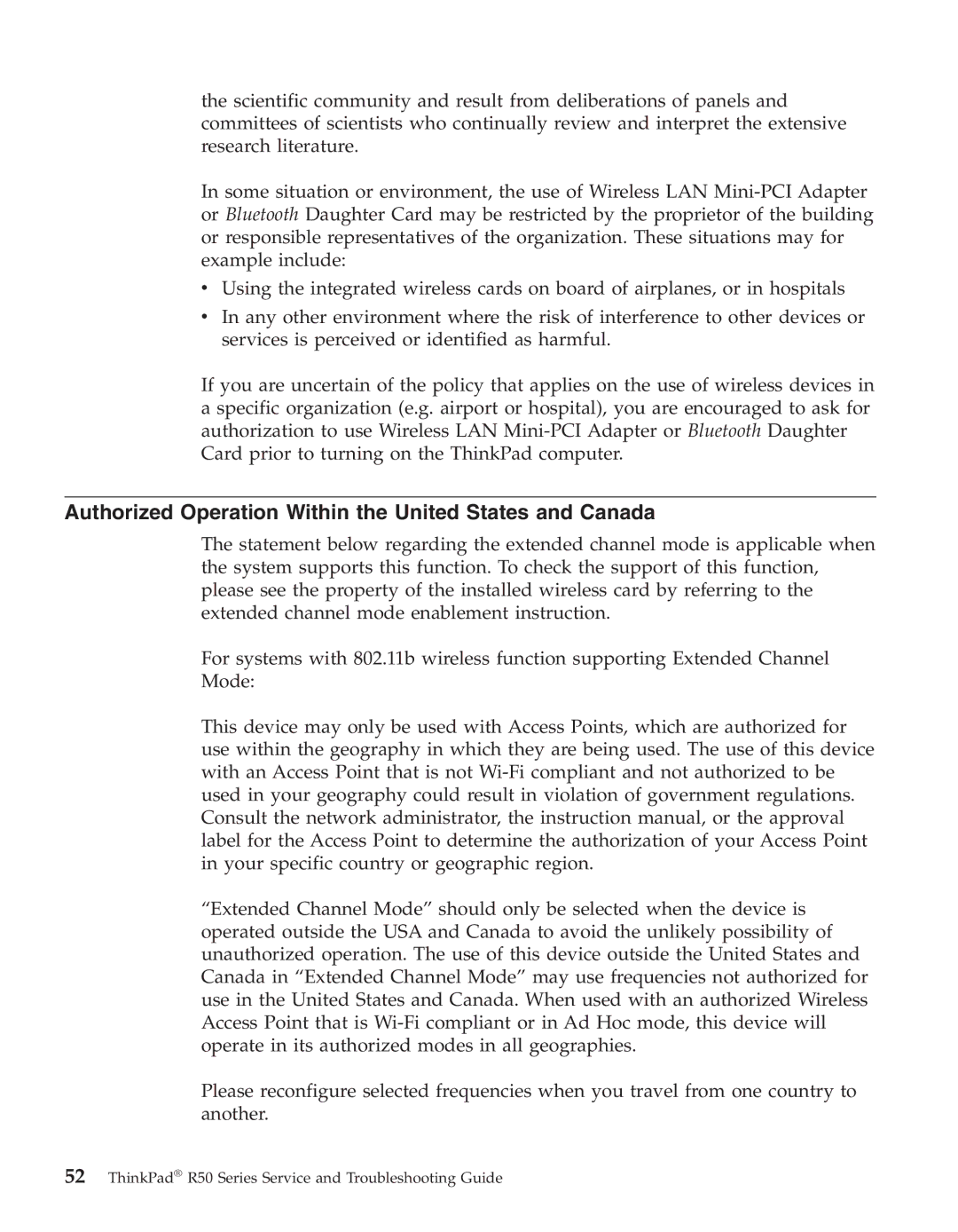 IBM R50series manual Authorized Operation Within the United States and Canada 