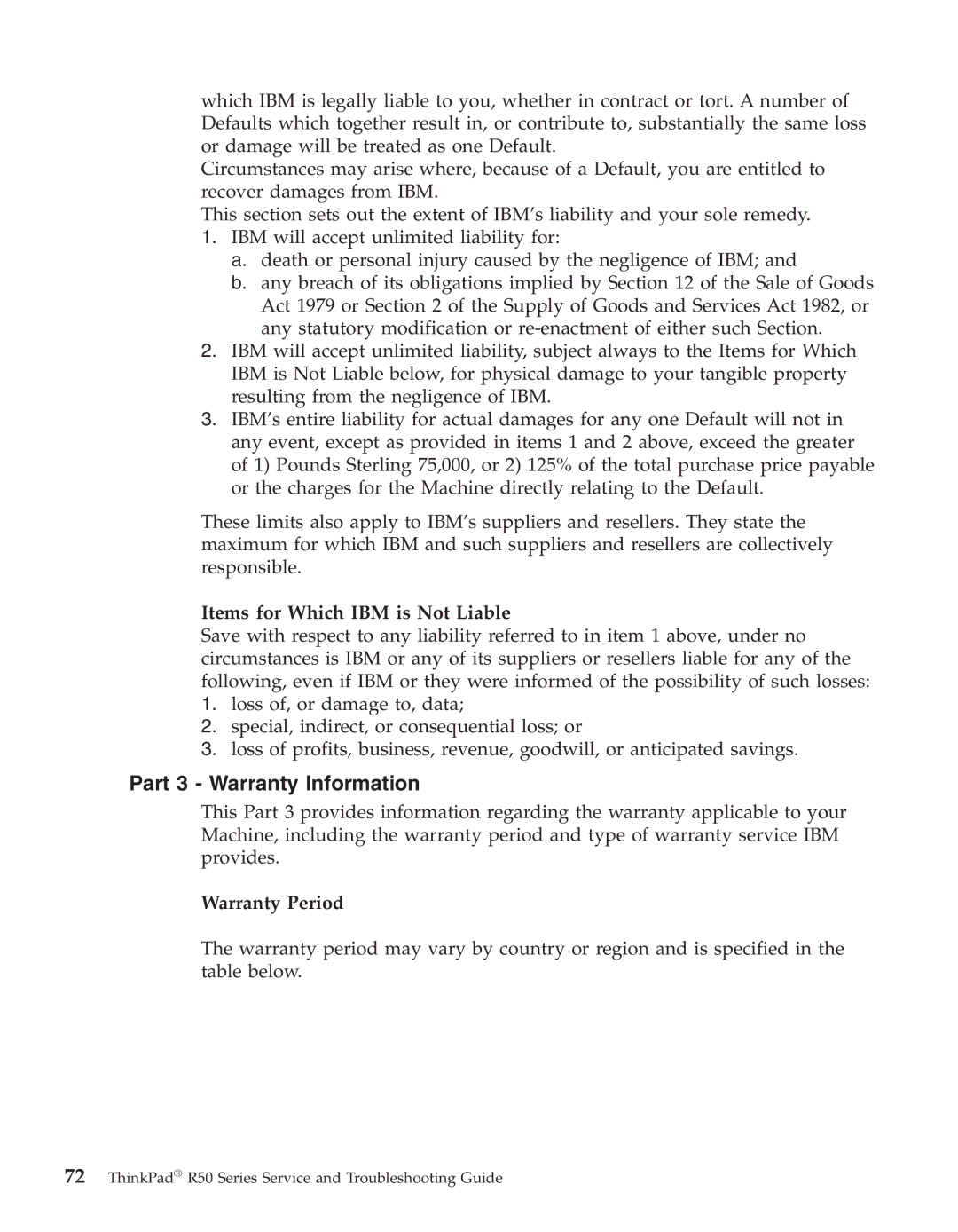 IBM R50series manual Part 3 Warranty Information, Warranty Period 