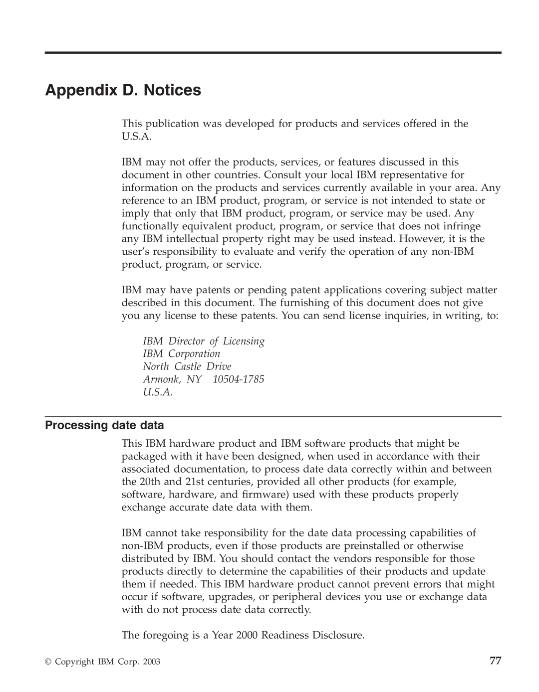 IBM R50series manual Appendix D. Notices, Processing date data 