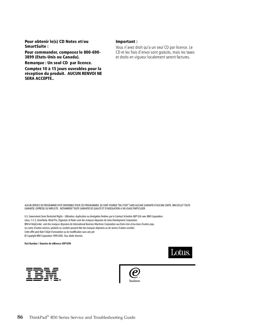 IBM R50series manual Part Number / Numéro de référence 49P1094 