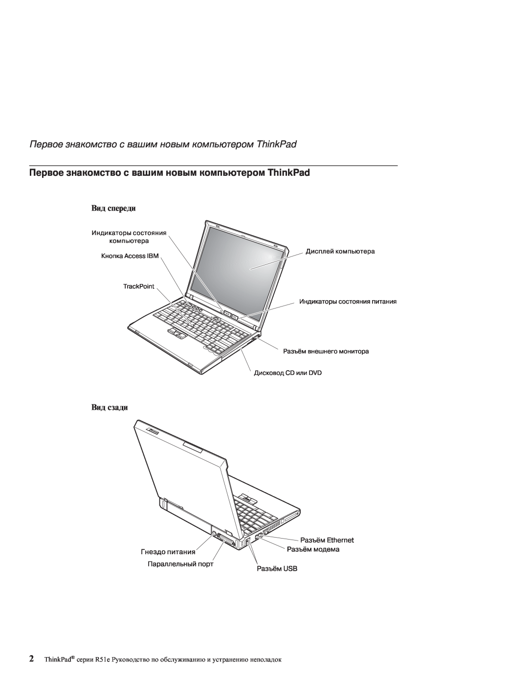 IBM R51E manual Первое знакомство с вашим новым компьютером ThinkPad, Вид спереди Вид сзади 