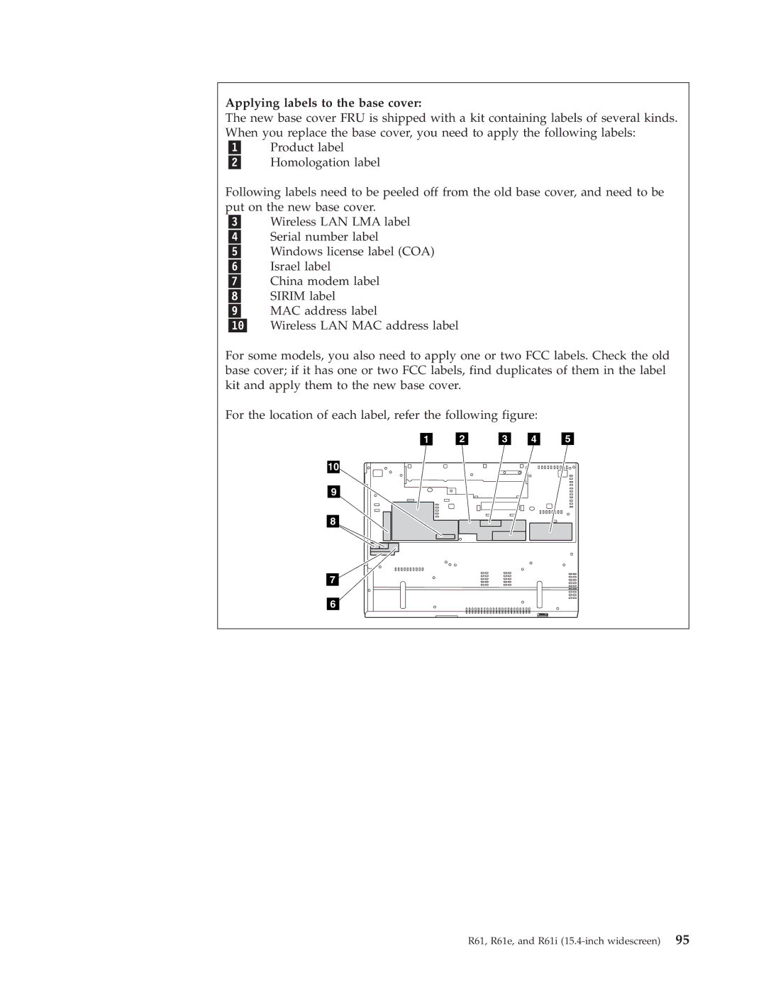 IBM R61I, R61E manual Applying labels to the base cover 