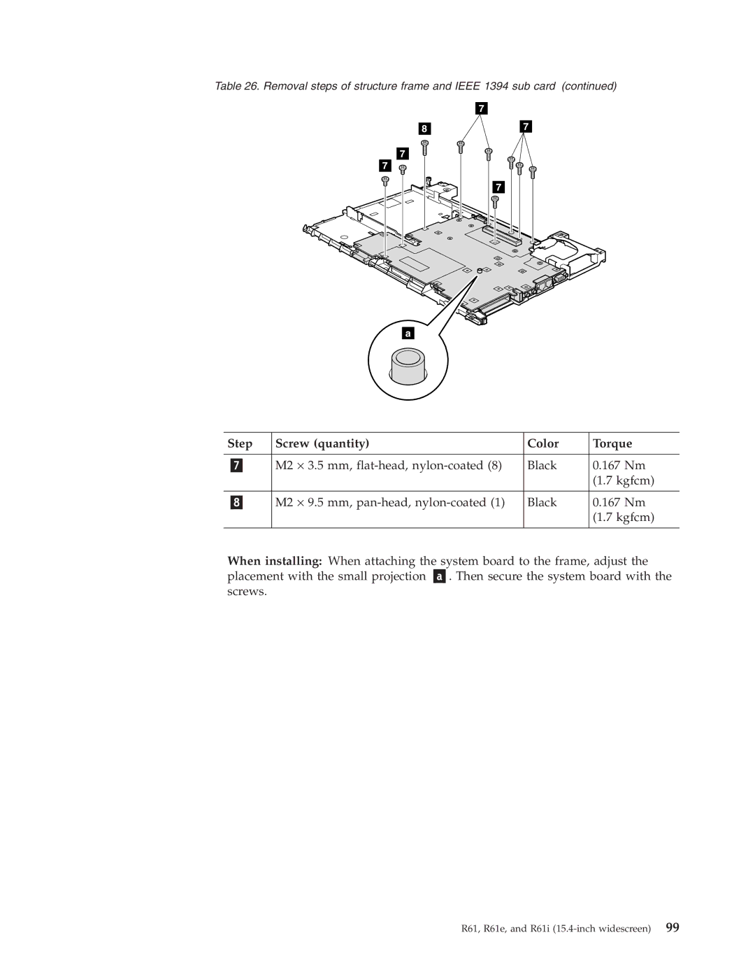 IBM R61I, R61E manual Step Screw quantity Color Torque 