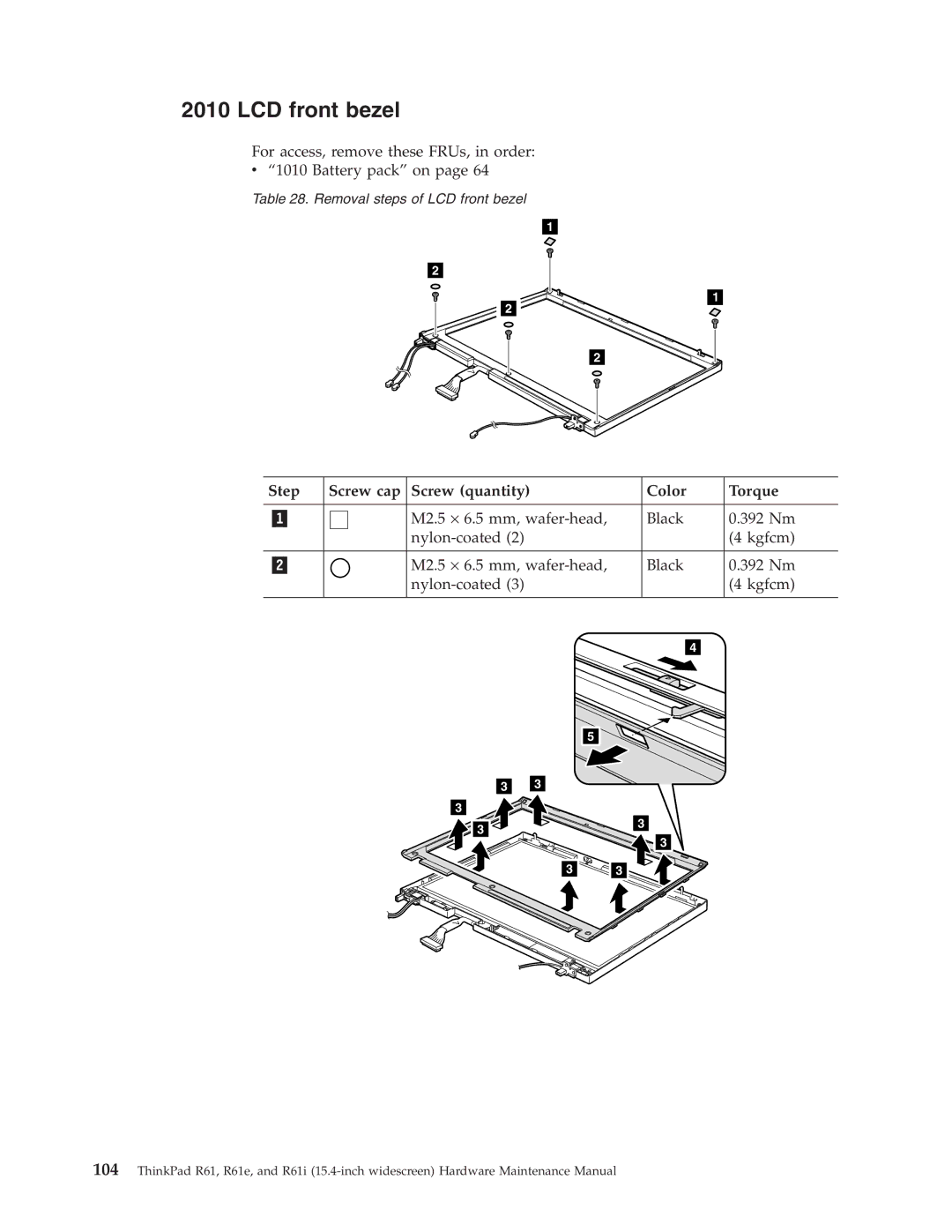 IBM R61E, R61I manual LCD front bezel, Step Screw cap Screw quantity Color Torque 