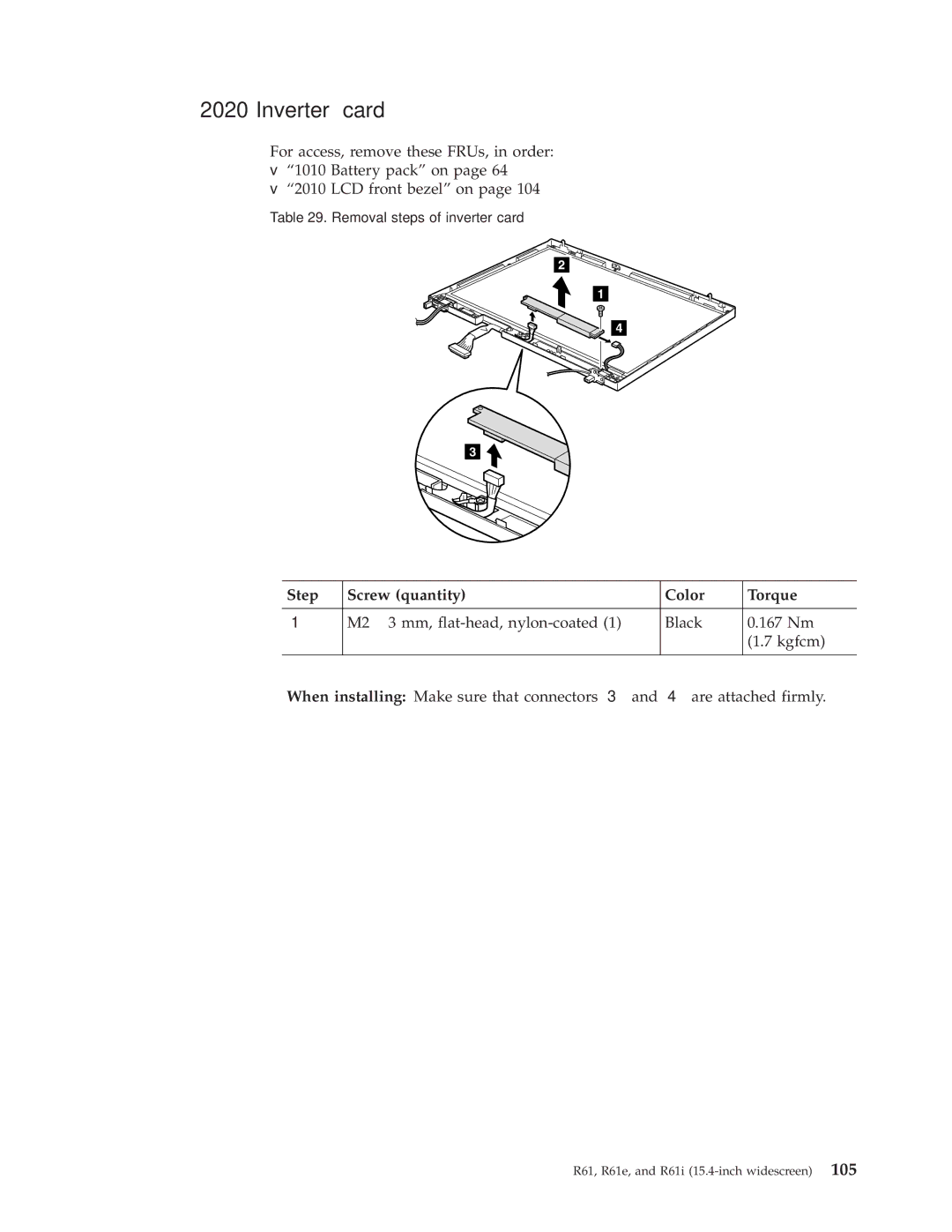 IBM R61I, R61E manual Inverter card, Step Screw quantity Color Torque 