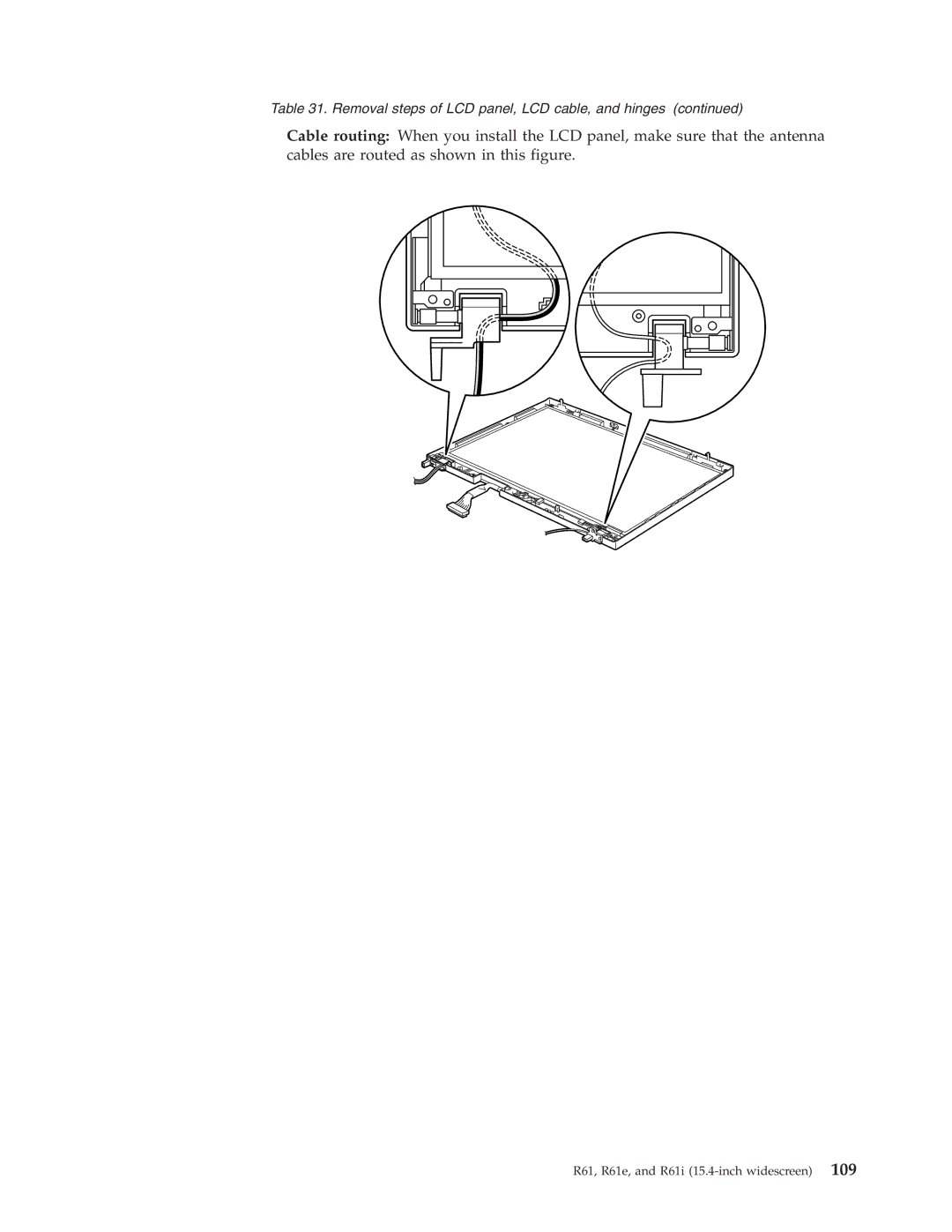 IBM R61I, R61E manual Removal steps of LCD panel, LCD cable, and hinges 