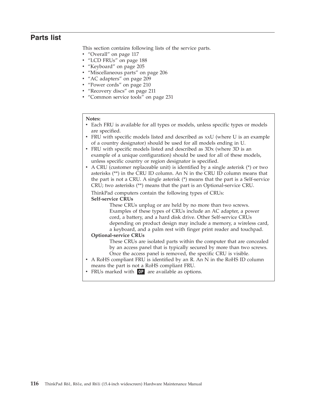 IBM R61E, R61I manual Parts list, Self-service CRUs, Optional-service CRUs 