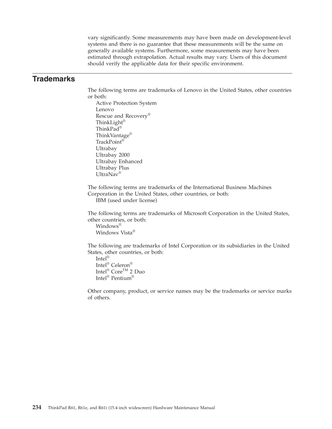 IBM R61E, R61I manual Trademarks 