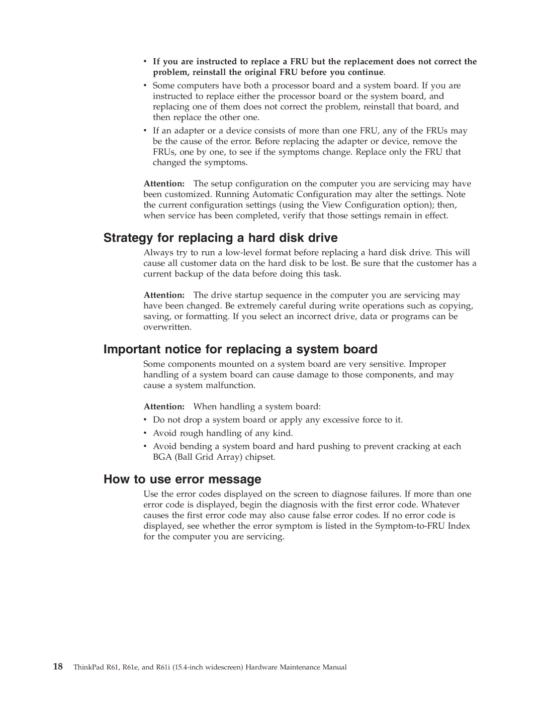 IBM R61E Strategy for replacing a hard disk drive, Important notice for replacing a system board, How to use error message 