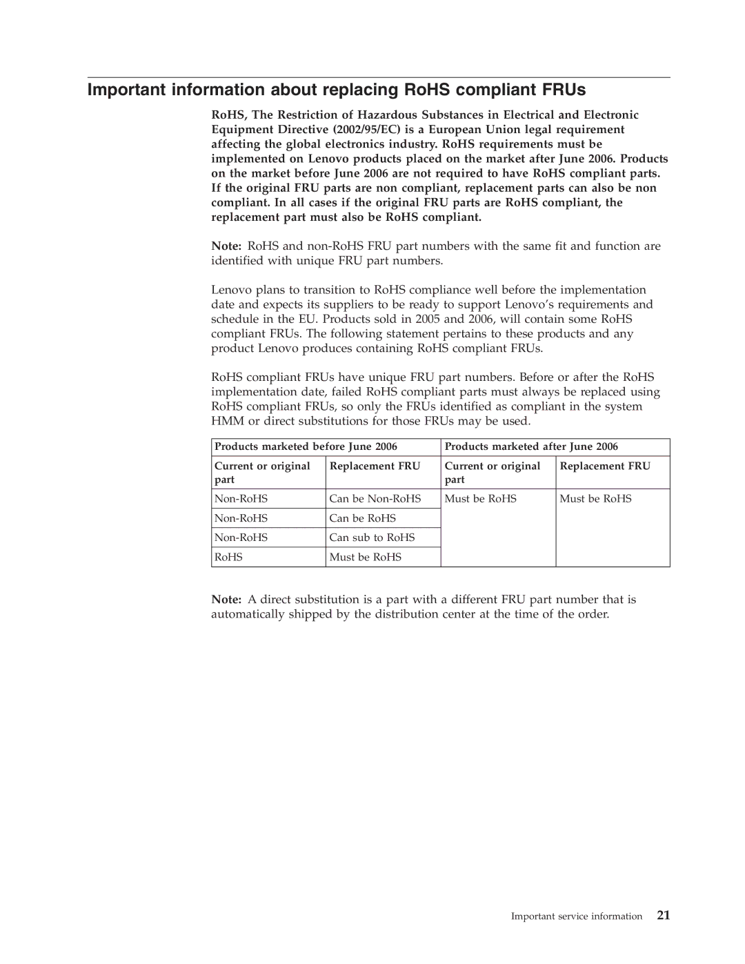 IBM R61I, R61E manual Important information about replacing RoHS compliant FRUs 