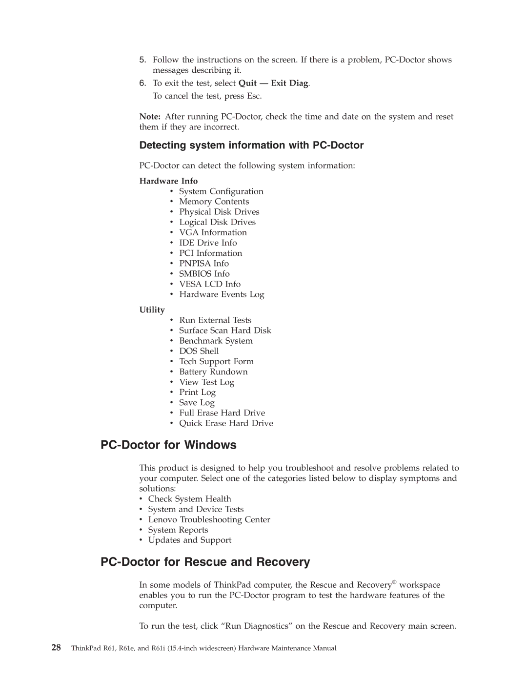 IBM R61E, R61I manual PC-Doctor for Windows, PC-Doctor for Rescue and Recovery, Hardware Info, Utility 