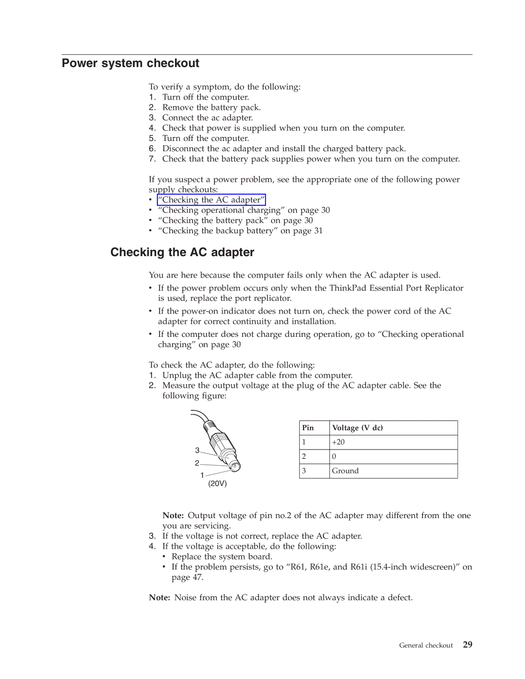 IBM R61I, R61E manual Power system checkout, Checking the AC adapter, Pin Voltage V dc 