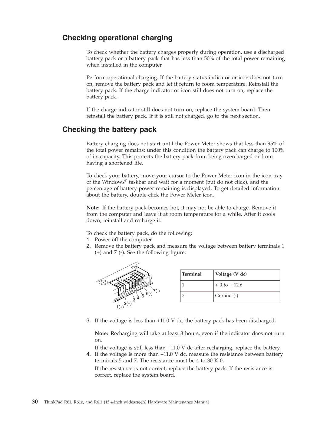 IBM R61E, R61I manual Checking operational charging, Checking the battery pack, Terminal Voltage V dc 