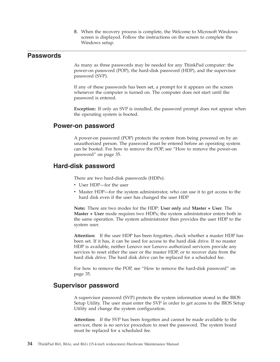 IBM R61E, R61I manual Passwords, Power-on password, Hard-disk password, Supervisor password 