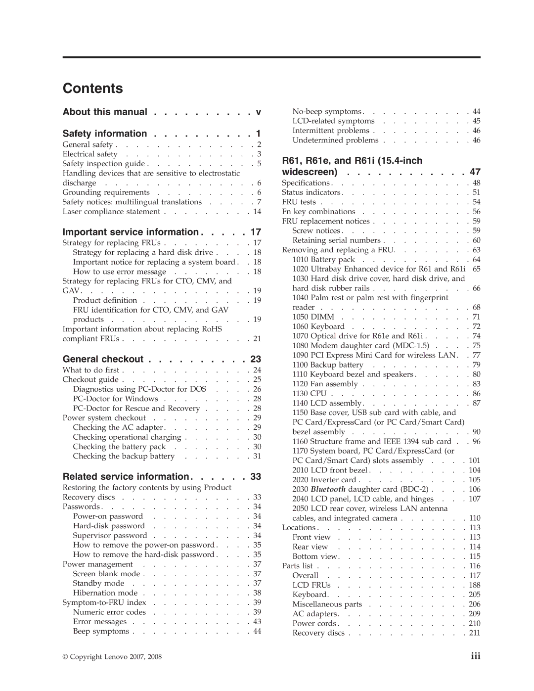 IBM R61I, R61E manual Contents 