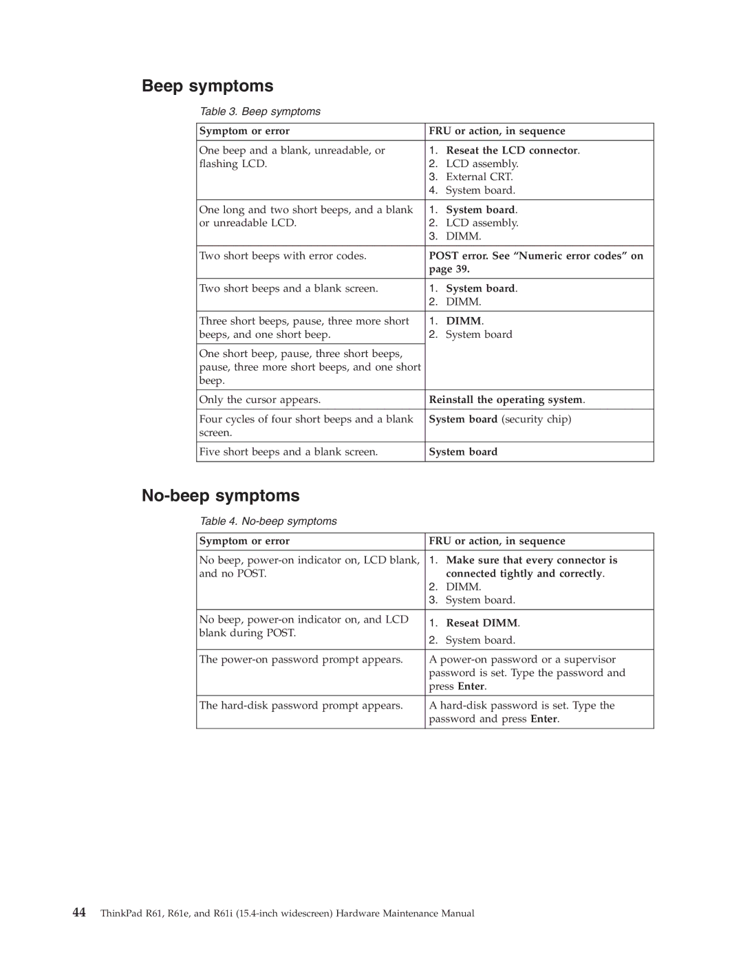 IBM R61E, R61I manual Beep symptoms, No-beep symptoms 