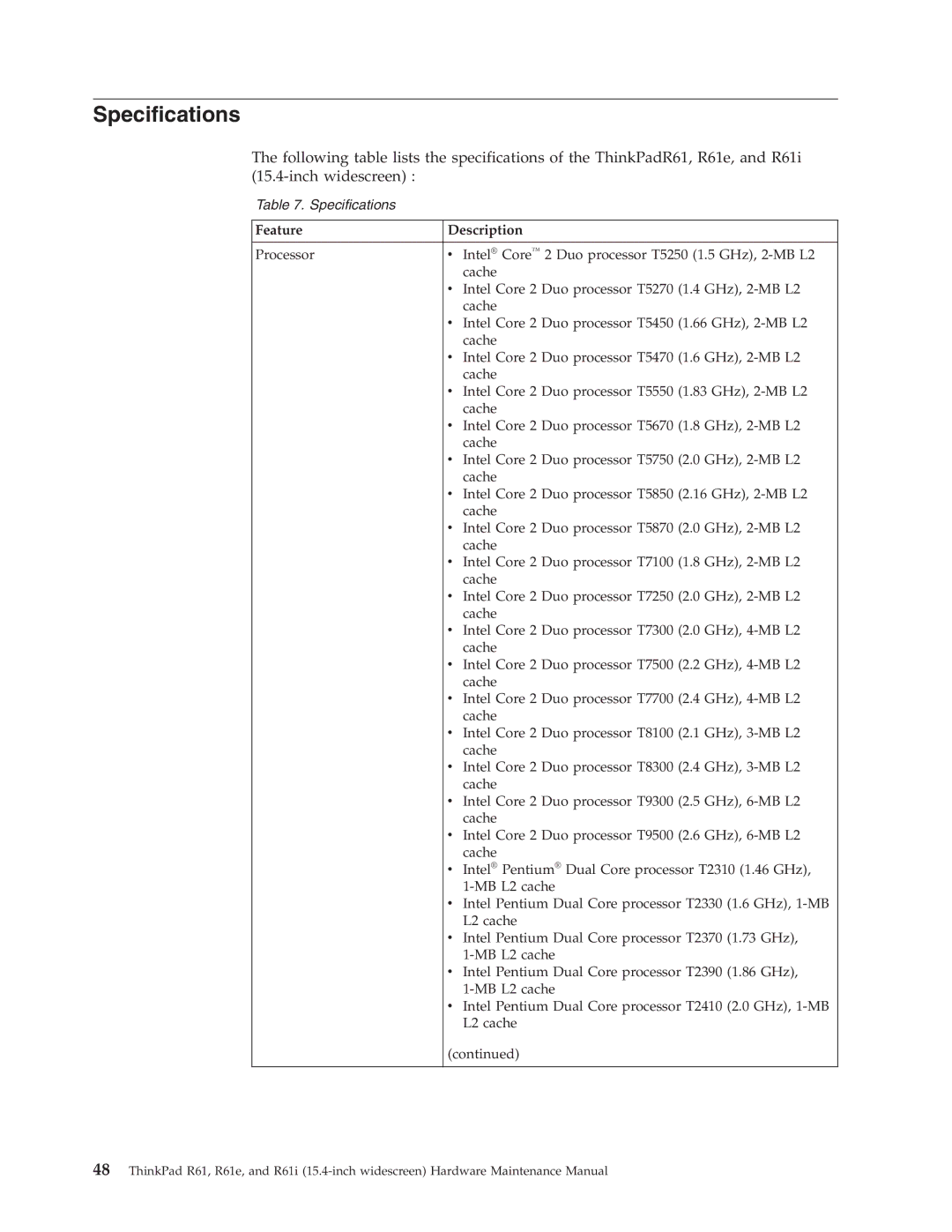 IBM R61E, R61I manual Specifications, Feature, Description 