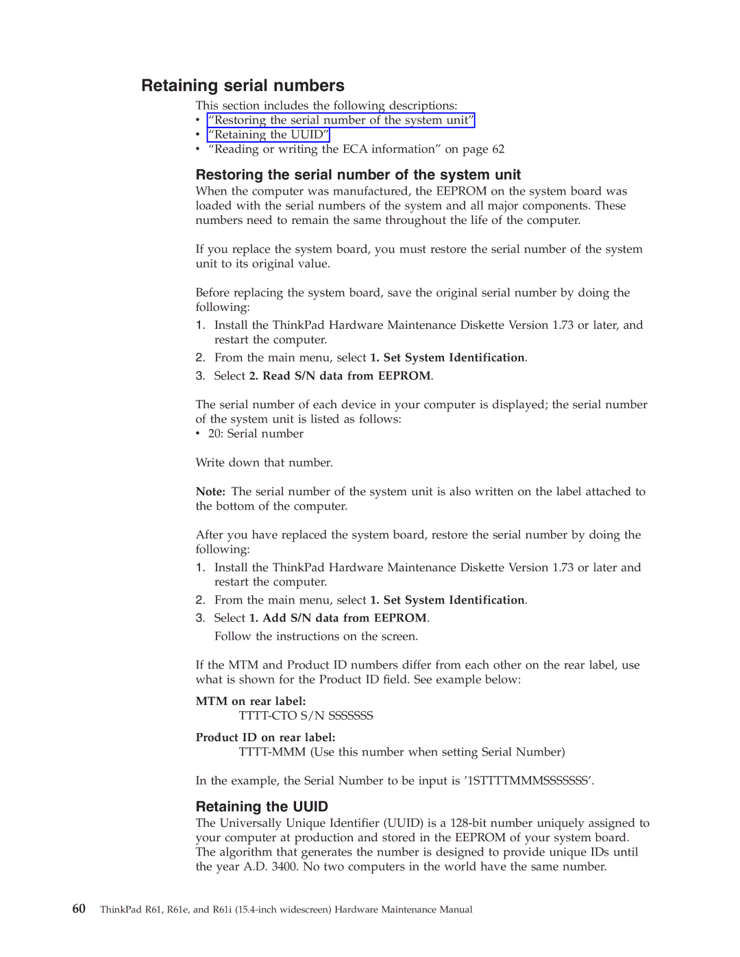 IBM R61E, R61I Retaining serial numbers, Select 2. Read S/N data from Eeprom, MTM on rear label, Product ID on rear label 