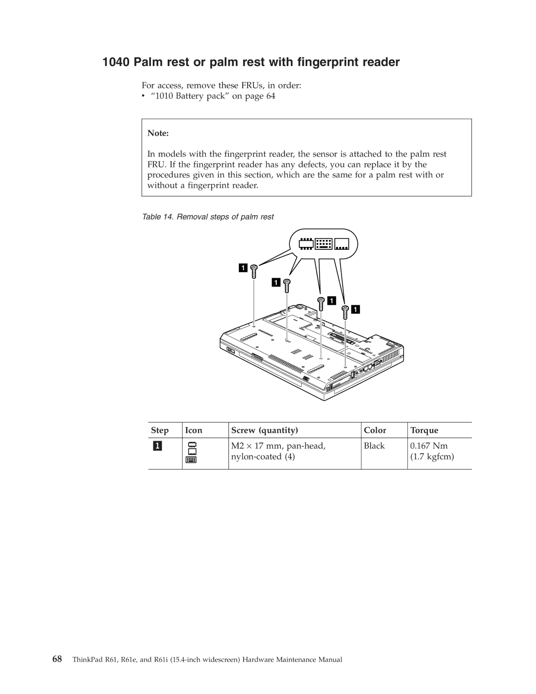 IBM R61E, R61I manual Palm rest or palm rest with fingerprint reader, Step Icon Screw quantity Color Torque 