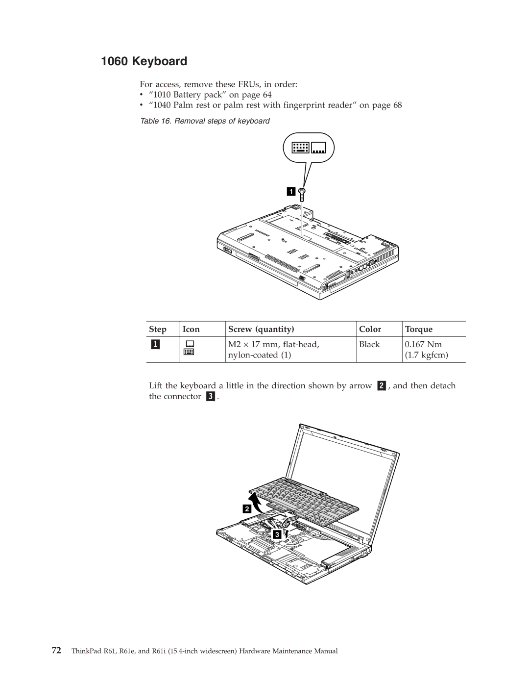 IBM R61E, R61I manual Keyboard, Step Icon Screw quantity Color Torque 