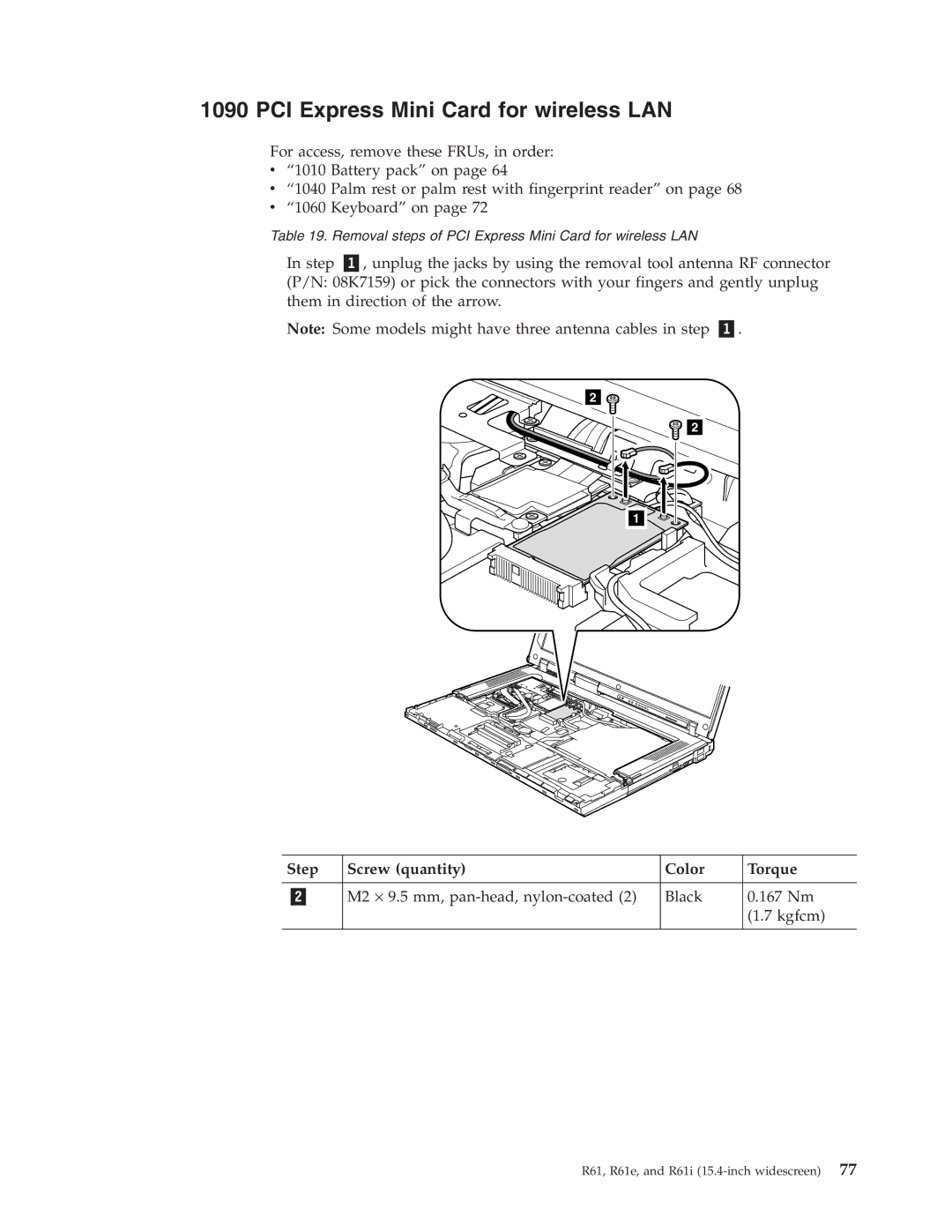 IBM R61I, R61E manual PCI Express Mini Card for wireless LAN, M2 ⋅ 9.5 mm, pan-head, nylon-coated Black 167 Nm Kgfcm 