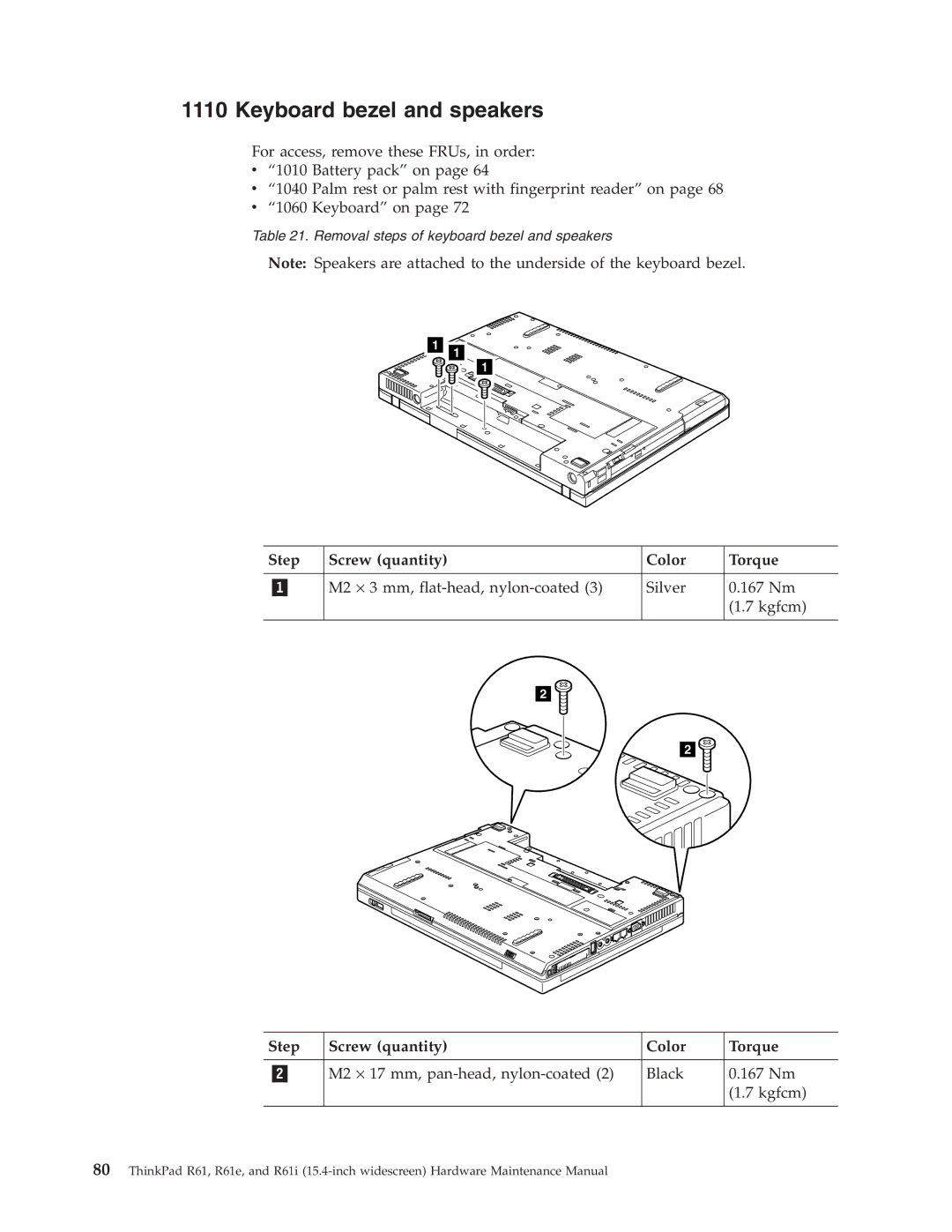 IBM R61E, R61I manual Keyboard bezel and speakers, M2 ⋅ 17 mm, pan-head, nylon-coated Black 167 Nm Kgfcm 