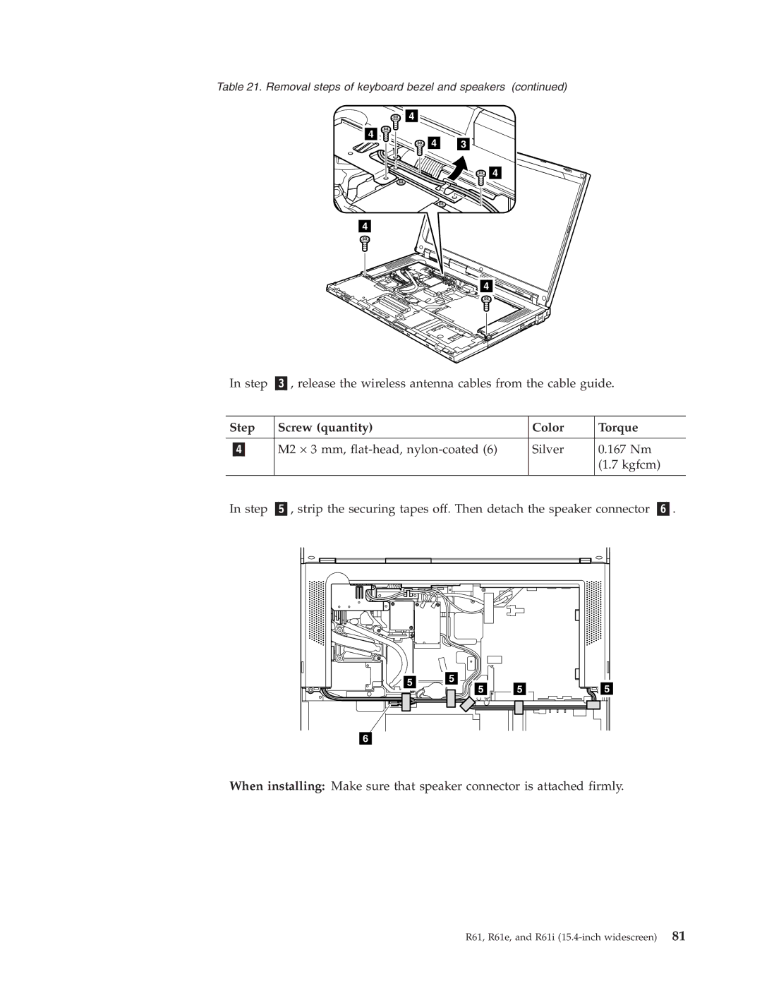 IBM R61I, R61E manual Step Screw quantity Color Torque 