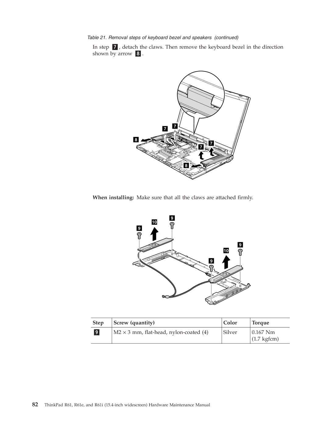 IBM R61E, R61I manual Step Screw quantity Color Torque 