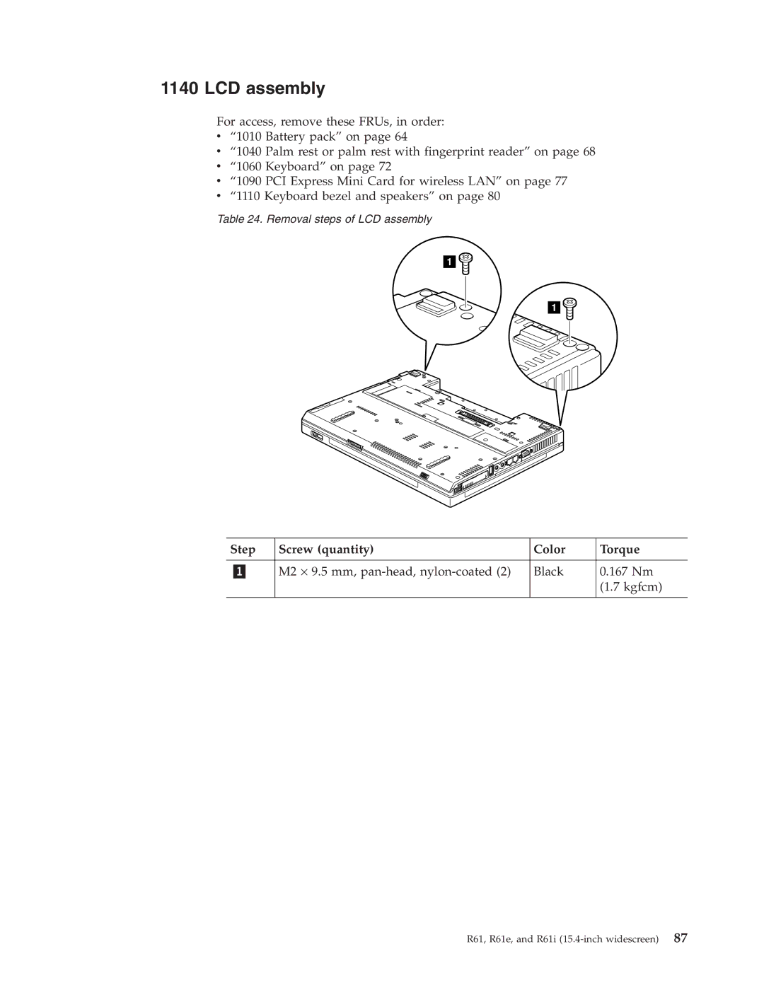 IBM R61I, R61E manual LCD assembly, Step Screw quantity Color Torque 