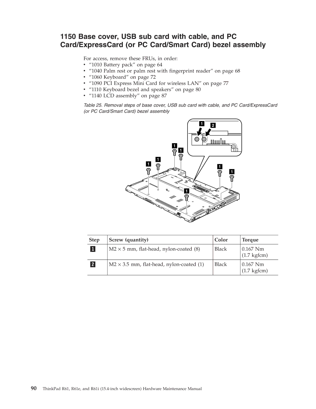 IBM R61E, R61I manual Step Screw quantity Color Torque 