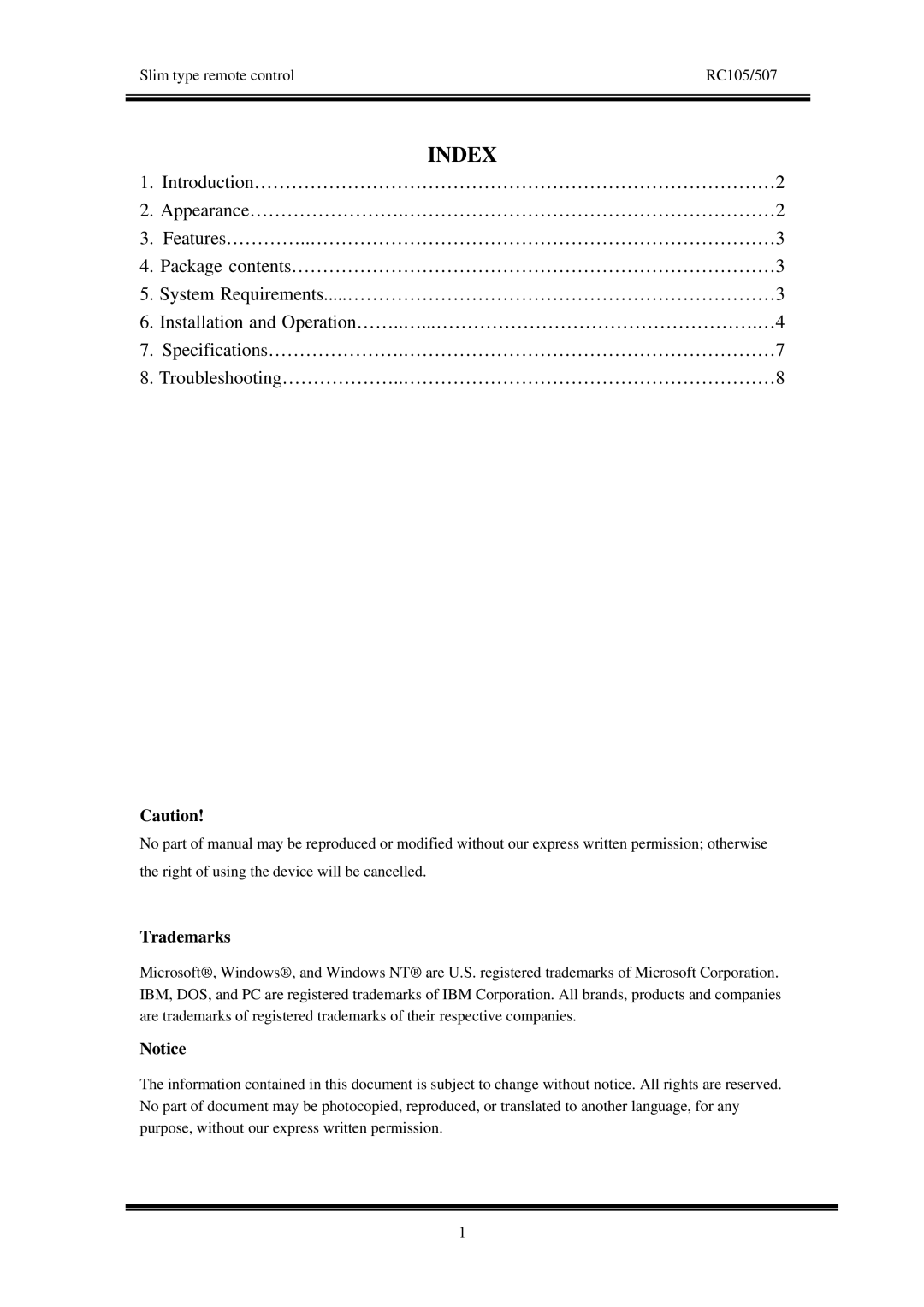 IBM RC105/IR507 manual Index 