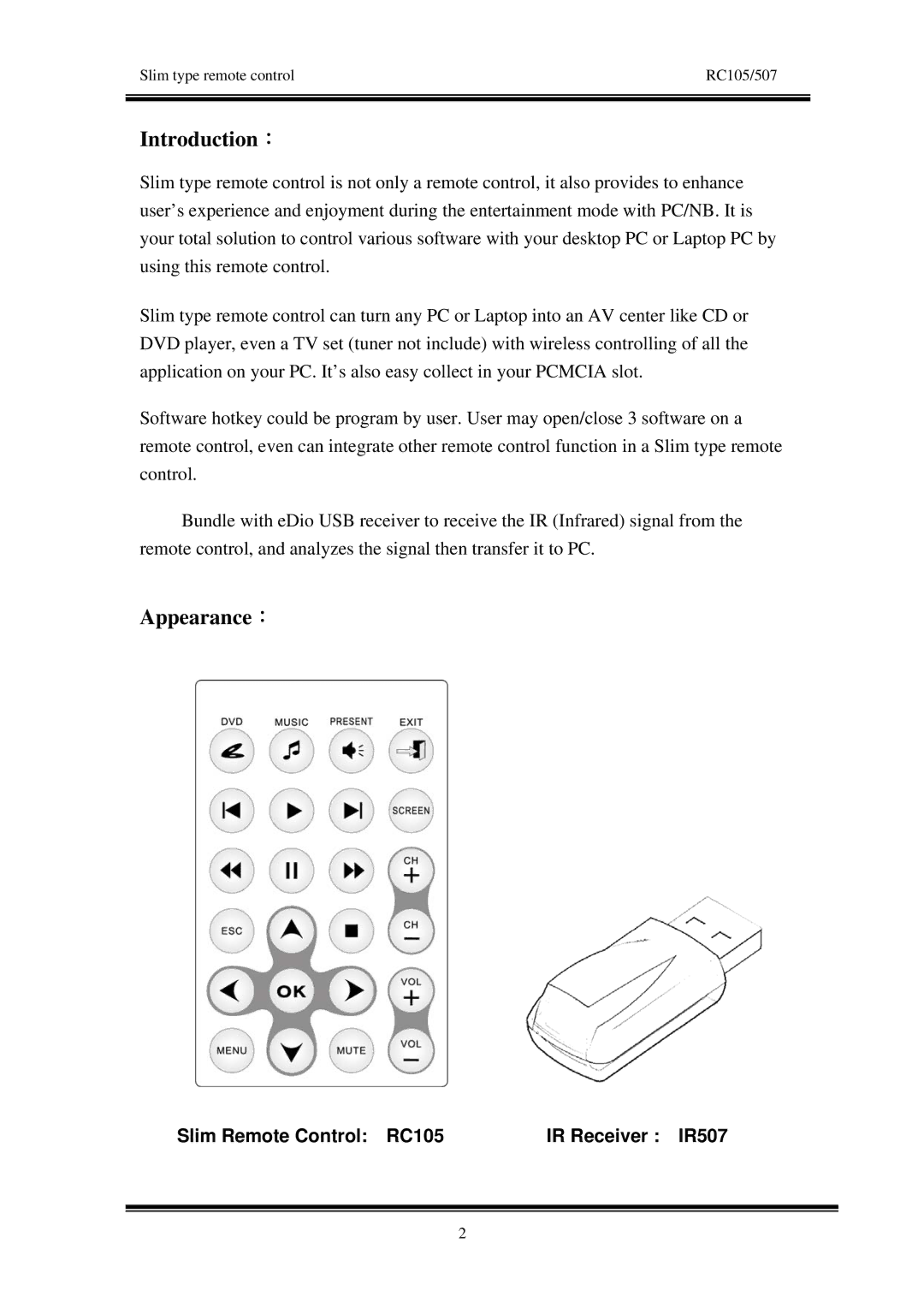 IBM RC105/IR507 manual Introduction：, Appearance： 