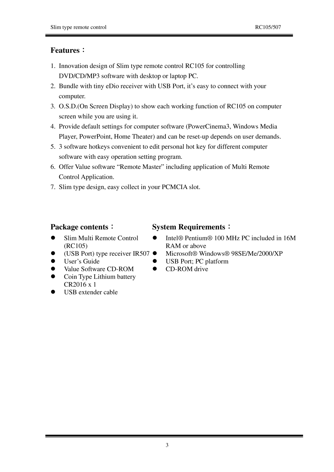 IBM RC105/IR507 manual Features：, Package contents ： System Requirements ： 