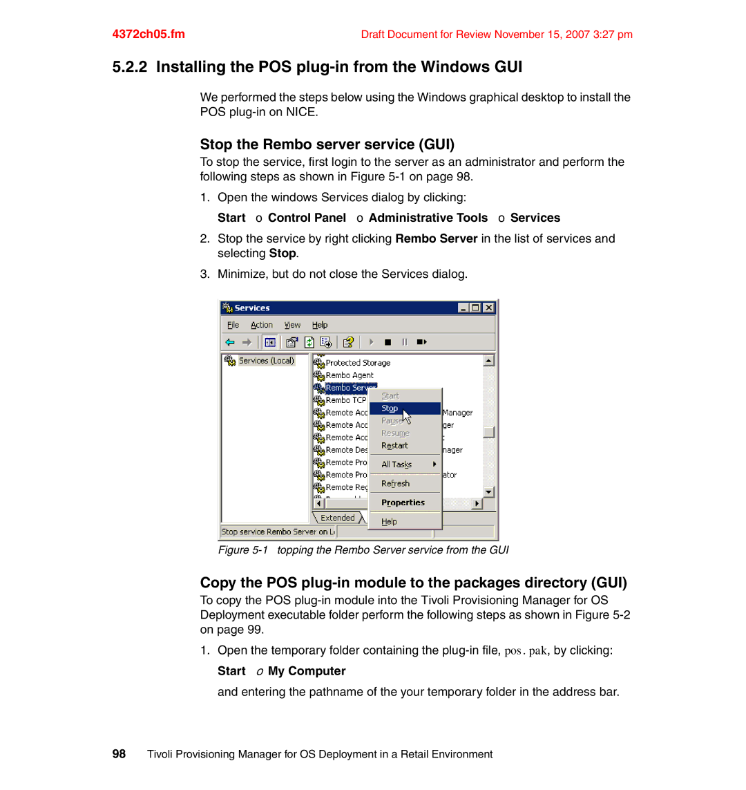 IBM REDP-4372-00 manual Installing the POS plug-in from the Windows GUI, Stop the Rembo server service GUI 