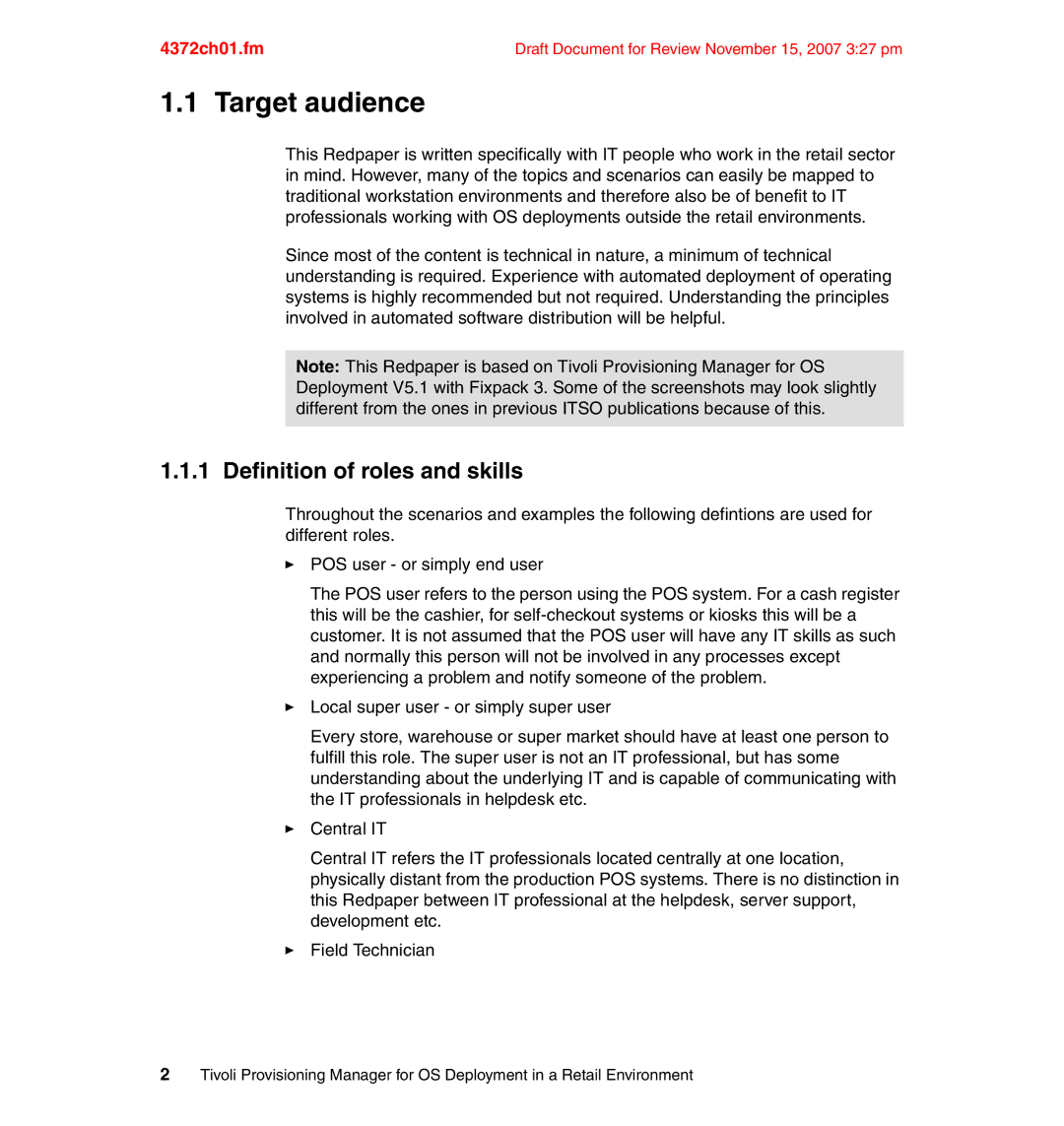 IBM REDP-4372-00 manual Target audience, Definition of roles and skills 