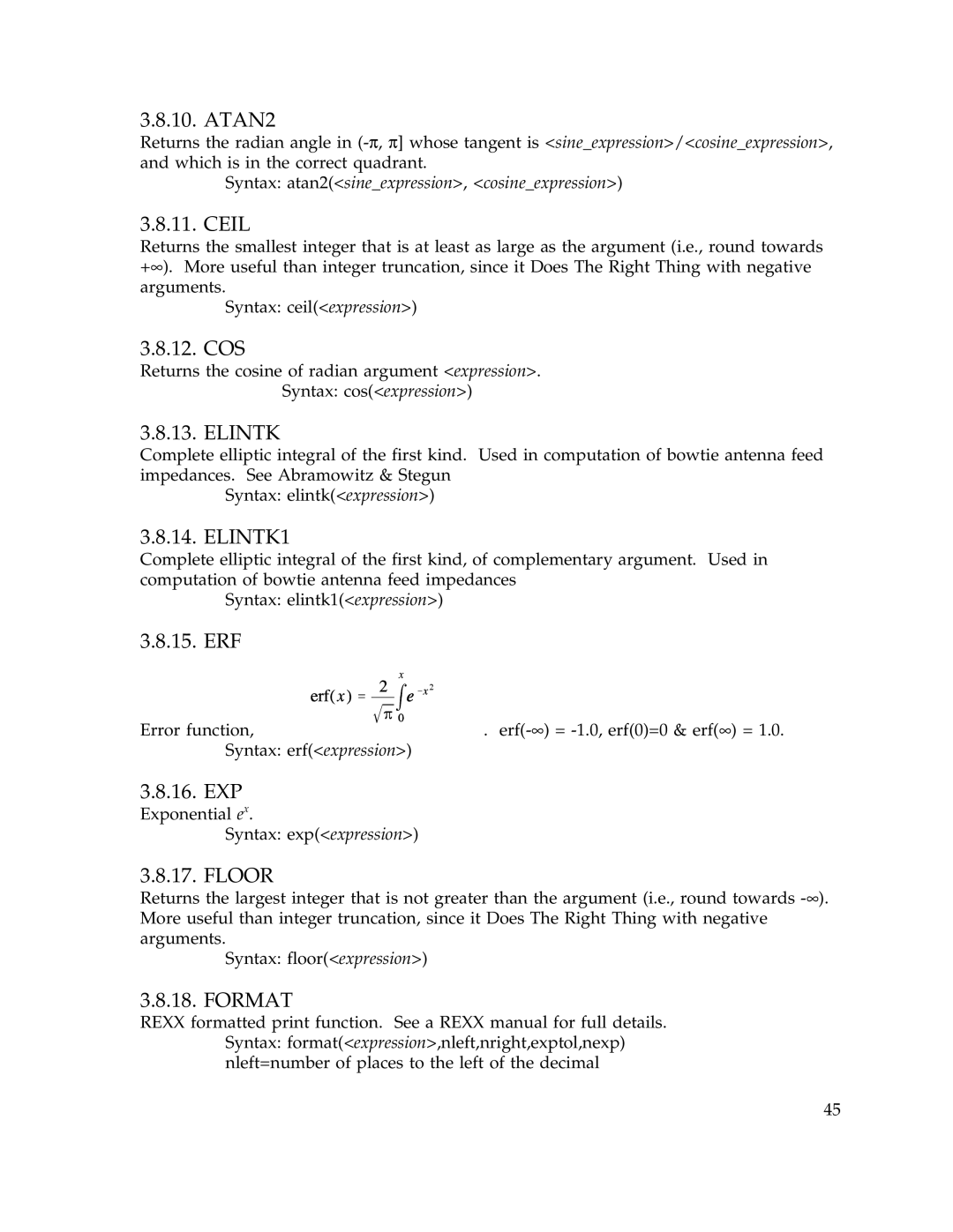 IBM Release 1.93 manual ATAN2, Ceil, Cos, Elintk, ELINTK1, Erf, Exp, Floor, Format 