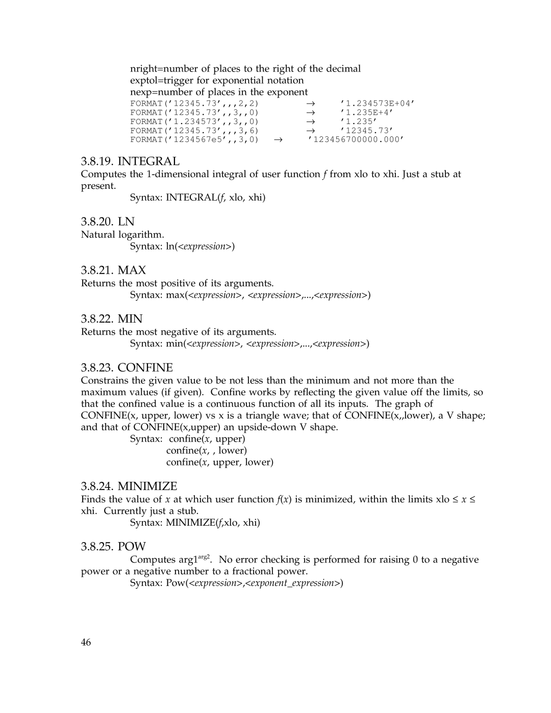 IBM Release 1.93 manual Integral, 20. LN, Max, Confine, Minimize, Pow 