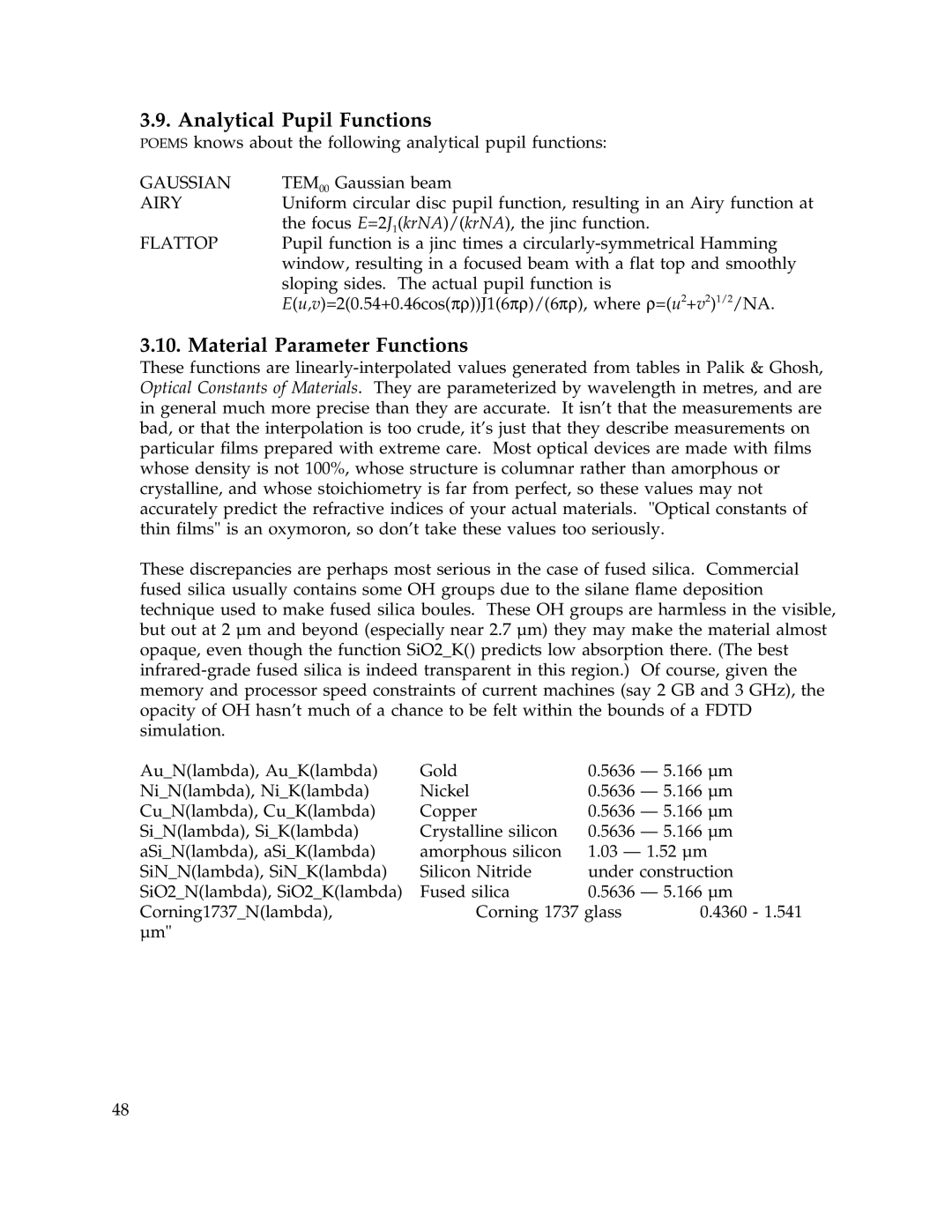 IBM Release 1.93 manual Analytical Pupil Functions, Material Parameter Functions, Flattop 