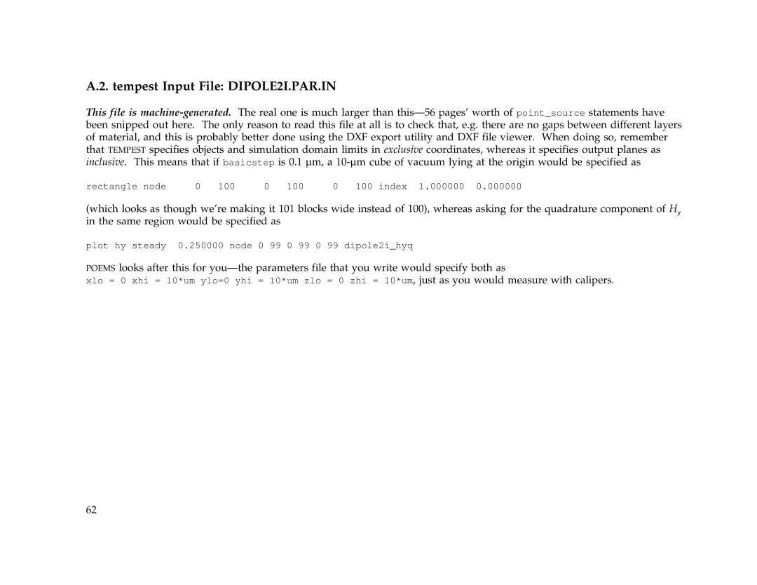 IBM Release 1.93 manual Tempest Input File DIPOLE2I.PAR.IN 