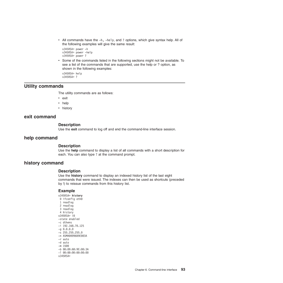 IBM Remote Supervisor Adapter II manual Utility commands, Exit command, Help command, History command 