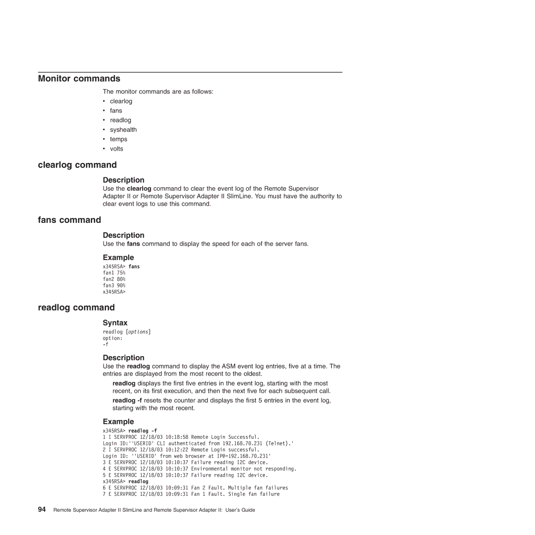 IBM Remote Supervisor Adapter II manual Monitor commands, Clearlog command, Fans command, Readlog command 