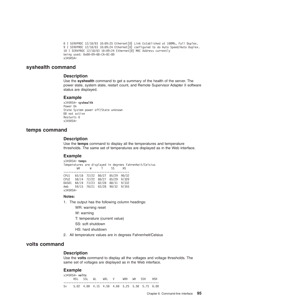 IBM Remote Supervisor Adapter II manual Syshealth command, Temps command, Volts command 