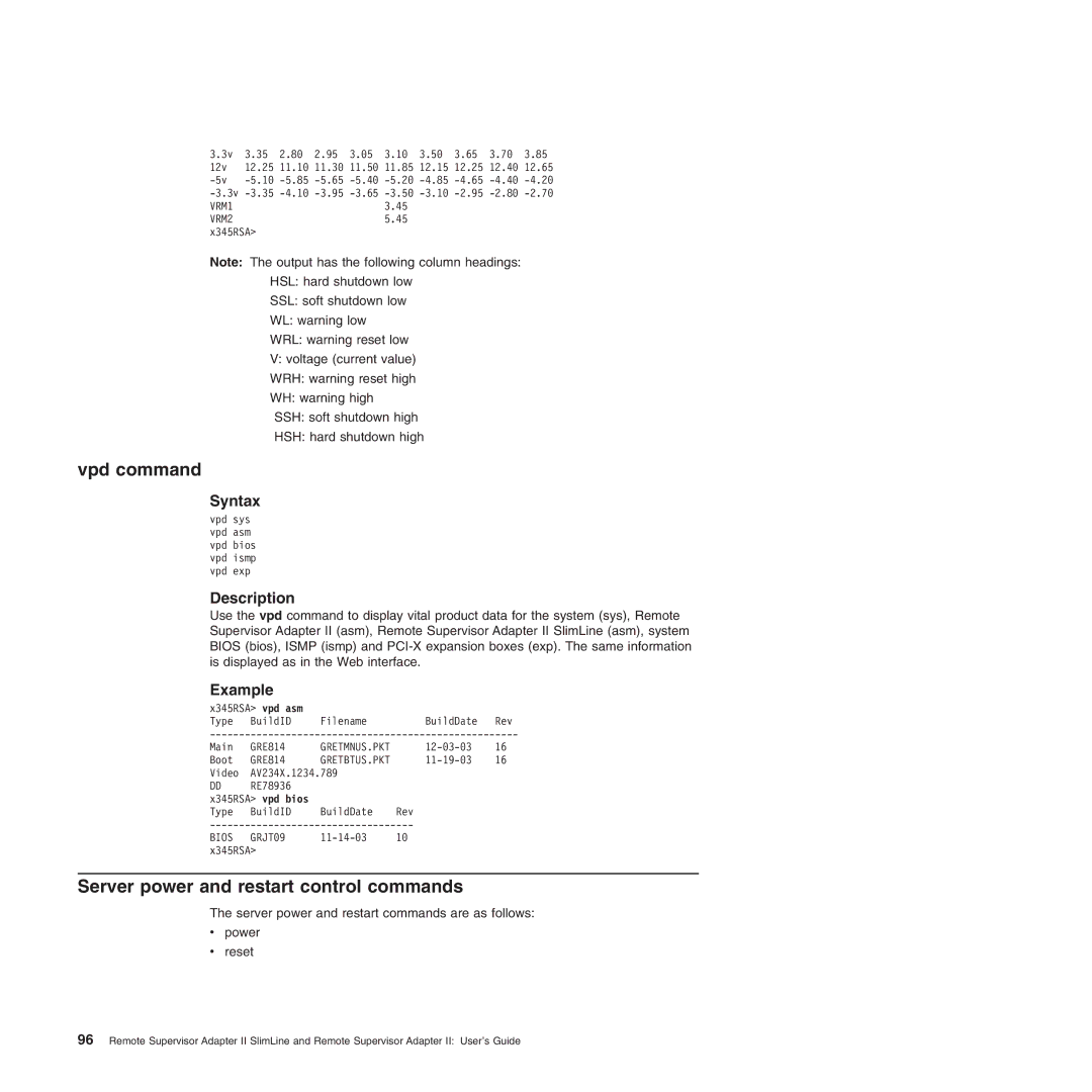 IBM Remote Supervisor Adapter II manual Vpd command, Server power and restart control commands 